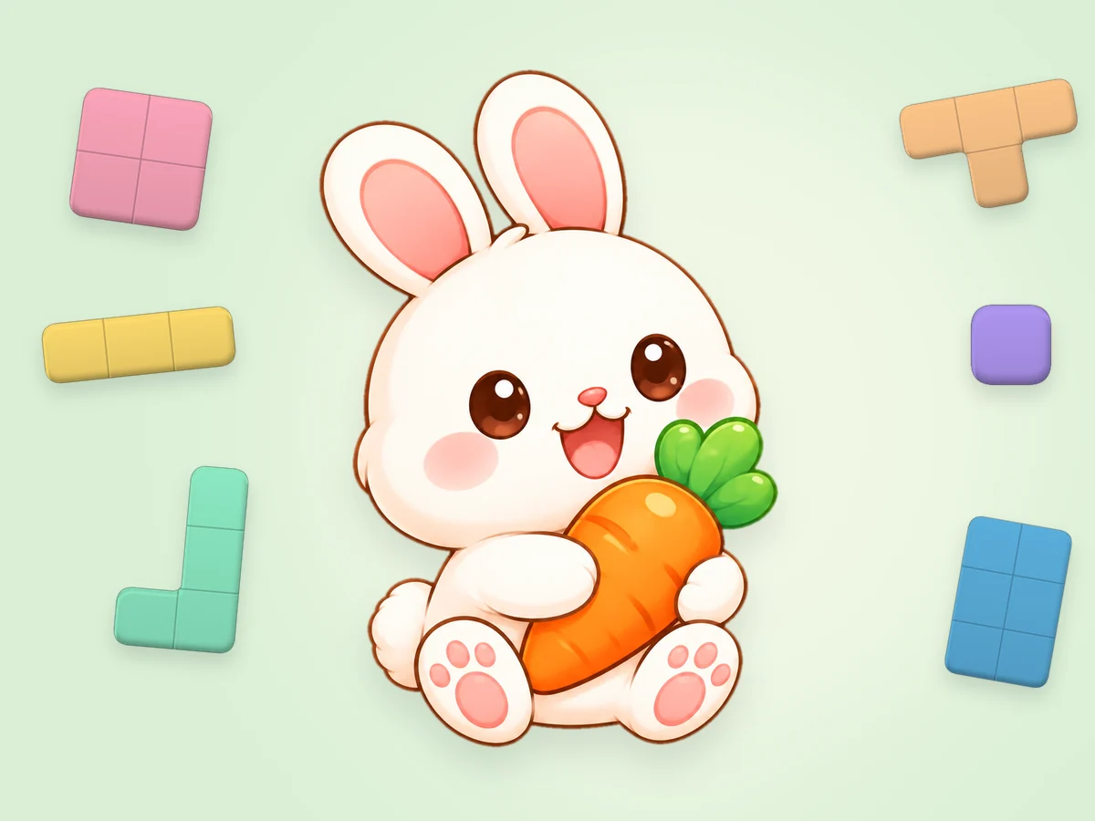 A smiling white bunny hugs a carrot, surrounded by colorful jelly puzzle blocks.