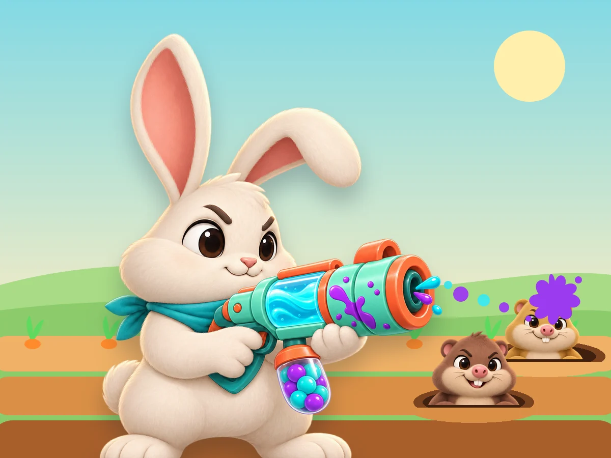 A determined bunny in a teal scarf aims a paint sprayer at moles popping out of a carrot patch.