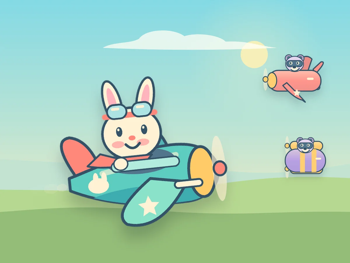 A bunny pilot in goggles flies a mint-green toy plane over rolling hills as two raccoon sky pirates approach.